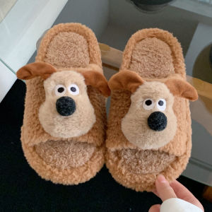 Warm Anti-slip Indoor Home Plush Slippers Winter Fun Cute Dog Cartoon Cotton Slippers Women Low Heel Flat Bottom PVC Outsole