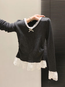 LUOSHAO | Lace Long Sleeve T-shirt Womens Knit Sweater Autumn Winter New Style Tunic Slimming