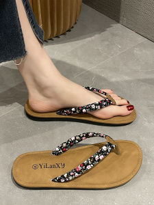 Floral Print Flat Bottom Sandals Womens Summer Spring New Simple Outdoor Wear Slip-On Holiday Beach Shoes Korean Style