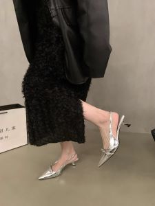Silver Pointed Toe High Heels Fashionable Korean Style Low Cut Sandals for Women Spring Summer Autumn Seasonal Wear