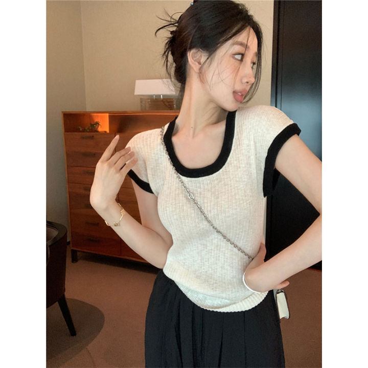 Creative U-คอผ้าไหมน้ําแข็งถักเสื้อยืดแขนสั้นสําหรับผู้หญิงฤดูร้อน SLIM ...