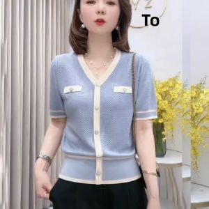 Shalldoer | Slimming V-Neck Contrast Color Tencel Short Sleeve Knit Top