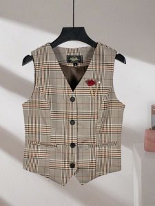 Slim Fit Plaid British Style Womens Suit Vest Short Length Fashionable Shoulder Pad Waist Cinching Tank Top Layering Item