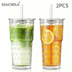 1/2PCS Sparkling Star Glass Coffee Cup with Lids and Straws 590ML for Iced Coffee Smoothies Milk Water Juice and More Drinkware