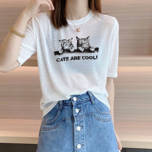 Áo Thun Tay Ngắn Mùa Hè Mới Cho Nữ Áo Thun Lụa Băng Rộng Rãi Áo Chống Nắng Túi Mặt Nạ Màu Trắng Áo Thun Cổ Tròn Thường Ngày