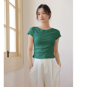 New Arrival Dark Green Short Sleeve T-Shirt Womens Short Shoulder Silm Slim Looking High Waist Pleating Tops Thread Elastic Summer