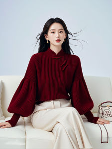 Ankela Red Lantern Sleeve Sweater Womens Autumn Winter Lazy High-End Feelings New Chinese Style Wine Red Overhead Knitwear