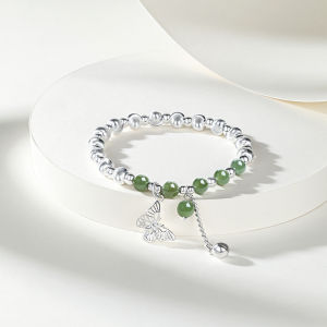 ZHOU LIU FU 周六福 925 Sterling Silver Beaded Braceets Fashion Butterfly Charm Hetian Green Jade Bead Bracelets Chinese Style Stretch Bracelet for Women Girl 17cm Y1913709