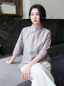 Spring Summer 2024 Loose Tea Ceremony Womens Short Shirt Chinese Style Zen Fashion Flag Dress High End Lay Brother Clothes