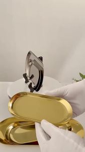Premium Golden Oval Desk Organizer Trays 3 Sizes Multi-Use Stainless Steel Vanity Tray for Comestic Tools Jewelry Nail Art Tools