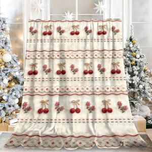 Beast Kingdom | Embroidered Cherry Bow Floral Flannel Blanket Soft Fuzzy Plush Cozy Warm Throw for Sofa Bed Couch Home Decor