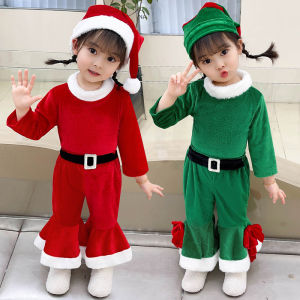 3Pcs Toddler Girls Boys Christmas Elf Costume Kids Book Character Santa Claus Outfit Set Pullover Flare Pants Hat Xmas Cosplay