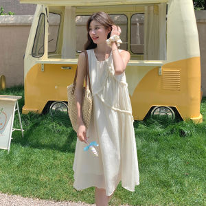 Milk White Sleeveless Vest Dress Womens Summer New Small Size Wooden Edge Sweet Mid-Length Vest Skirt Fashionable Commute
