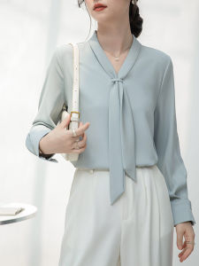 เสื้อเชิ้ตคอวีแขนยาวผู้หญิงสไตล์ฝรั่งเศส สายคล้อง เสื้อเชิ้ตทำงาน สัมผัสหรูหรา ลำลอง สำหรับการเดินทางไปทำงาน