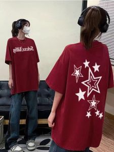 Pure Cotton T-Shirt Womens 2023 New Arrival K-style Loose Shoulder Print Letter Easiest for Match Maychao Fan Ies Style Short Sleeve T-shirt