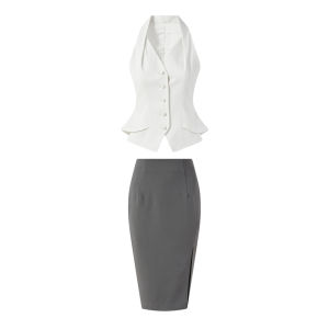 Cotton Waist-defining V-neck Vest Grey High-waisted Slit Pencil Skirt Set