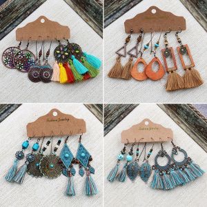 Retro Aged Alloy Earrings Bohemian Popular Flower Tassel Leaf Dangle Earrings 3 Pairs Set Womens Fashion Jewelry Accessories