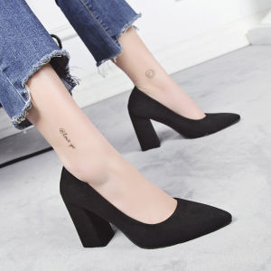 Black High-Heeled Shoes 2024 Spring New Arrival All-Matching Work Shoes Womens K-style Pointed Toe Flats Suede Chunky Heel Flats