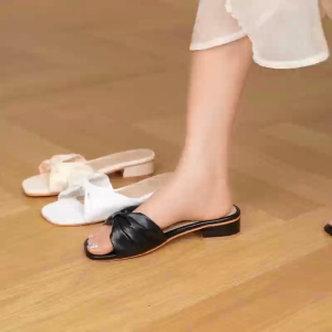 Sy.shop Outdoors Elegant 1 1/2 inch Heeled Slippers For Women Plain Artificial Leather Open Toe Slide  Heeled  Sandals Summer Shoes Casual Shoes Beach Shoes ZE084