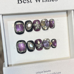 10pcs Short Square Purple Starlight Cat Eyes Flower Handmade Press on Nails Glitter False Nails for Women Party Wedding