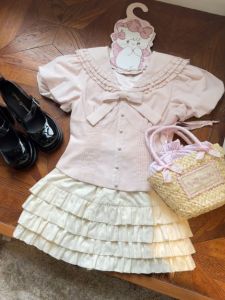 Áo Sơ Mi Dài Tay Phong Cách Ngọt Ngào White Peach Thousand Layer Của Dodo Home Có Thắt Lưng Eo Nơ Bướm Váy Ngắn Cổ Polo