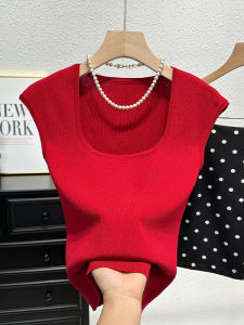 Unique Ice Silk Short Sleeve Knitted Top Womens Summer Fashion Square Neck Versatile T-shirt Special Beautiful Upper Body