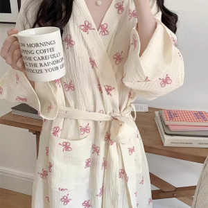 New Pajamas Womens Spring and Fall Korean Simple and Comfortable Robe Pink Bow Casual Loose Homewear Nightgowns Womens Clothin