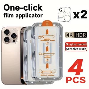 2 Pcs 4K HD One-Click Film Applicator Tempered Glass Screen Protector With 2 Pcs Camera Lens Protector Compatible With Iphone