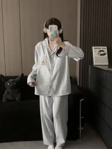 Ins Korean Plaid Sleepwear Womens Spring and Autumn Long Sleeved Pijama Set Plus Size New Cardigan Nightwear Home Clothes Can Be Worn Outside