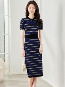 Thin Breathable Summer Ice Silk Knitting Pullover Dress round Neck Stripes Waist Design Silm Mid Length Long Length Skirt