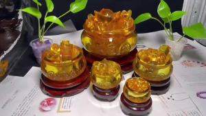 WHL 聚寶盆 招財 風水 招财进宝 元宝 聚宝盆 水晶聚宝盆聚财家居摆件 米缸 黄水晶元宝 金色玄关乔迁开业礼品  Cornucopia  Golden Glaze Citrine Crystal Treasure Bowl  feng shui
