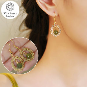 Viviann Original Exquisite Gold Green Jade Round Earrings for Female Girl Everyday Wear Gift Jewelry Fashion Tassel Hetian Jade Hoop Earring For Women Girls Party Wedding Trendy Jewelry