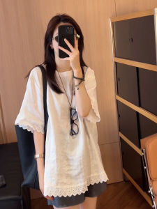 YUFUQING | Elegant White Lace Trim Splice Short Sleeve T-Shirt Women Summer Slimming Loose Fashionable Top High Waist Commute Style Polyester Fiber