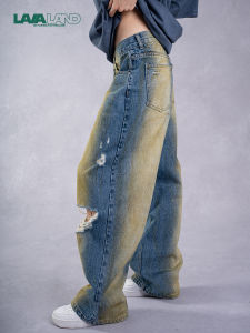 Lavaland High Waist Loose Fit Highlight Straight Leg Jeans Denim Pants Womens Autumn Fashion Light Blue Yellow Harlan Style
