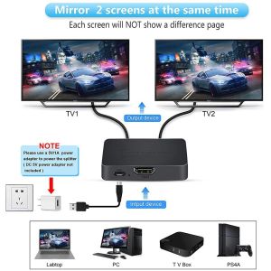 4K HDMI Splitter 1x2 HDMI Video Distributor 1 in 2 out Switch Amplifier 1080P Dual Display for PS3 PC Laptop Monitor Projector