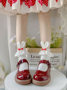น่ารักสไตล์ญี่ปุ่น Lolita ถุงเท้าสั้นสําหรับผู้หญิงที่มีหูกระต่ายและโบว์ลูกไม้รายละเอียดผ้าฝ้ายดูดซับและความชื้น Wicking