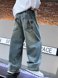6-12yrs Jeans For Kids Boy Back Embroidery Eiffel Tower Trendy Baggy Pants For Kids Boy Denim Pants For Kids Boy Maong Pants For Kids Boy 130-160cm