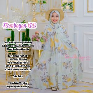 Flamboyan Gamis Anak Set Hijab Dress Cerutty Printing Full Furing Jilbab Segi Empat