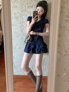 VKSOD | Korean Style A-Line Short Sleeve Dress Womens Slimming High Waist Summer Fashion Design Sense V-Neck Casual Single Piece