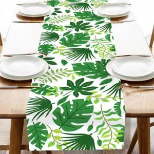 Green Tropical Leaf Table Runner Hawaiian Monstera & Palm Leaf Table Decor for Summer Luau Party & Dining