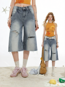 unifree | Quần Short Jean Xanh Dập Holes Ripped Gấu Xòe Cho Nữ