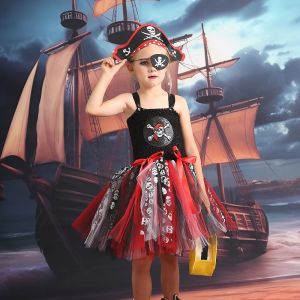 4Pcs Kids Girls Halloween Pirate Role Play Costume Children Caribbean Pirate Cosplay Dress Hat Eye Patch Bag Set Masquerade Halloween Carnival Party Performance Girls Tutu Dress