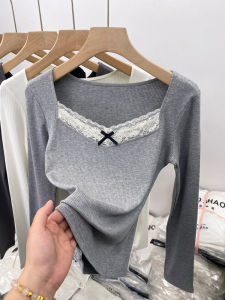 Áo Thun Cotton Dài Tay Pure Desire Lace Cho Nữ Mùa Thu 2024 Áo Thun Cổ Vuông Dáng Ôm Vừa Vặn Thiết Kế Mới Mặc Trong