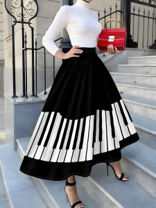Printed Design suitable for all four seasons Piano Keys Pattern Print Skirt resort style elegant style womens half skirt