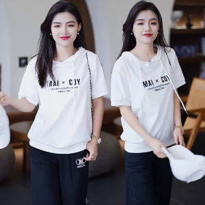 Ladies Short Sleeve T-Shirt Summer 2025 New Loose Fashionable Youthful Hooded Stripe Body Shirt Belly Covering Top