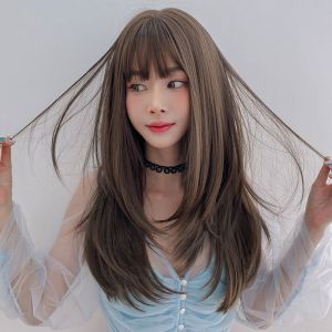 【Philippines Stock】Wig 55cm Long Straight Hair Inner Button Air Bangs natural high quality polyester Fashion Long Hair