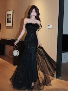 Black Ostrich Feather Sequin Fish Tail Evening Gown Womens Style Wedding Dress Heavy Work Bridesmaid Prom Birthday Party