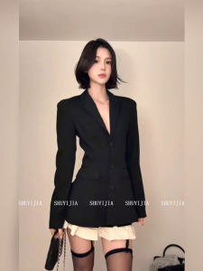 Áo Khoác Vest Nữ Cổ Chữ V Màu Đen Ôm Vừa Vặn Phong Cách Pháp Cao Cấp Thoải Mái Thường Ngày Mùa Thu Dài Tay Váy Chữ a