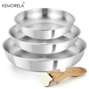 316 Stainless Steel Frying Pan Set 22/26/30cm Detachable Handle Cookware for Egg Steak Kitchen Serving Dish Induction Compatible