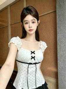 GUZILIAN | Off-Shoulder Polka Dot Bow Waist-Slimming Square Neck Puff Sleeve Womens Top